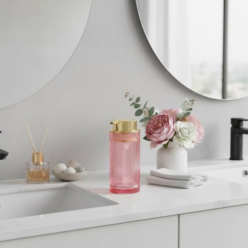 Tonxus Foaming Soap Dispenser, Pink Glass Foam Hand Soap Dispenser with Gold Pump, 14 Oz Bathroom Refillable Liquid Lotion Pump Ribbed Bottle Container for Kitchen Countertop Decor, 1