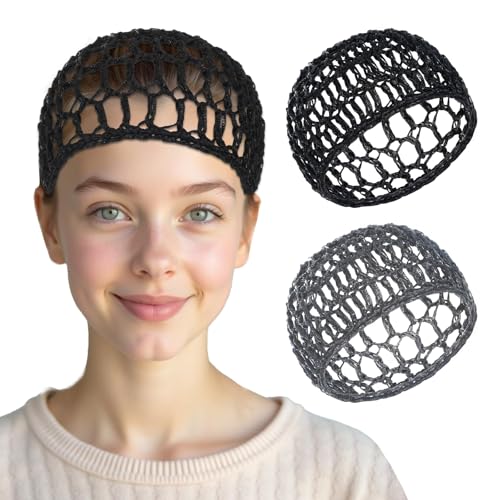 Bremorou 2 Pcs Crochet Hair Nets for Sleeping & Shower - Black & Gray