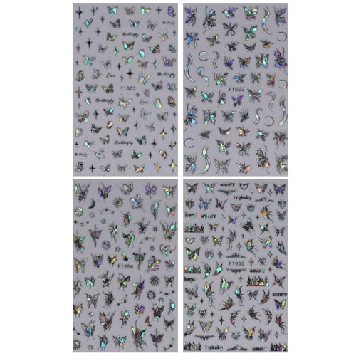 Vezocim 3D Butterfly Nail Art Stickers - Shiny Self-Adhesive Decals (4 Sheets)