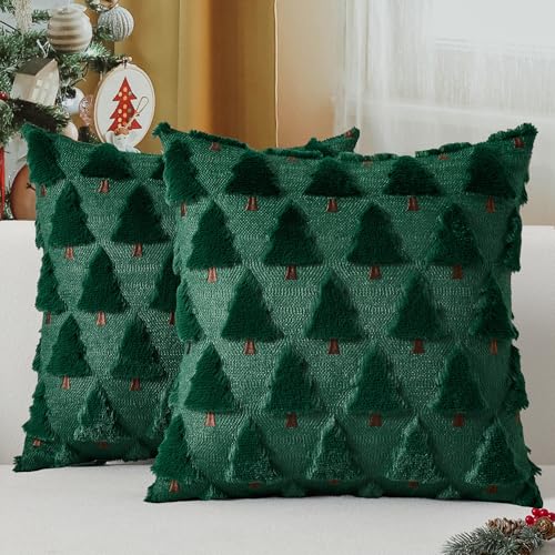 UGASA 18x18 Inch Christmas Pillow Covers Set of 2 Dark Green Faux Fur Holiday Decor