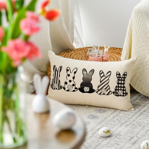 Easter Rabbits Throw Pillow Cover - 12x20 Inch Black & White Decoration