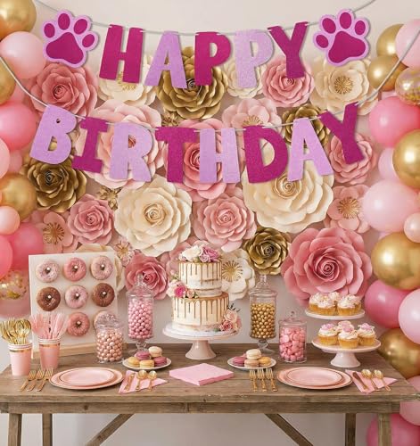Paw Print Dog Birthday Banner - Rose Red Party Decorations 9.8ft