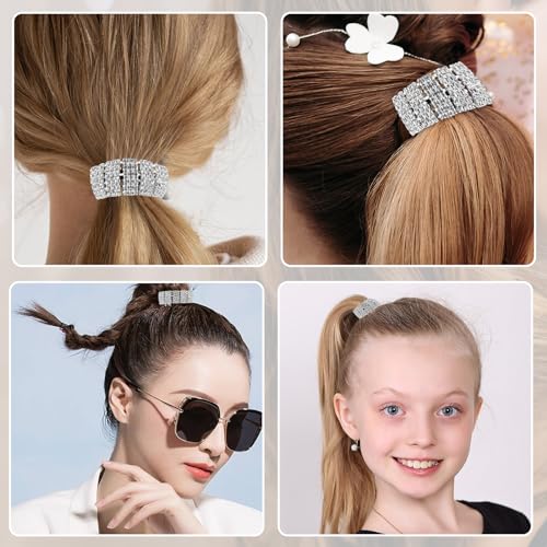 Bremorou 2 Pcs Sparkly Rhinestone Ponytail Holders Silver Crystal Scrunchies