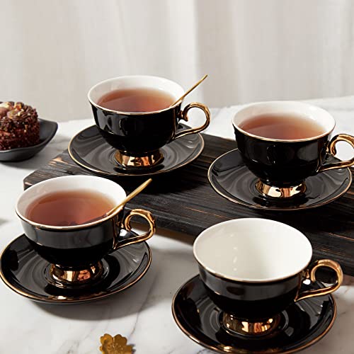 Black Luxury Tea Cups and Saucers Set of 4 with Gold Trim and Metal Stand - DUJUST