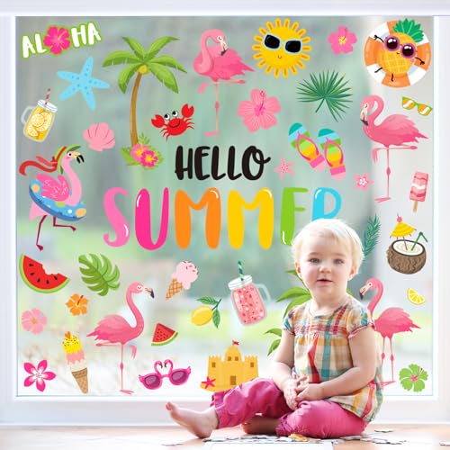 9 Sheets Hello Summer Flamingo Window Clings - Tropical Beach Decor