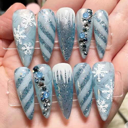 Christmas Press on Nails Long Almond False Nails with Rhinestones & Glitter