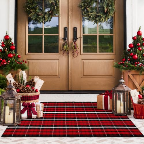 Christmas Door Mat Outdoor 24x51 Reversible Buffalo Check Rug - Red & Black