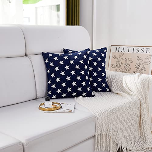 Chenille Throw Pillow Covers Set of 2 - 16x16 Navy Stars
