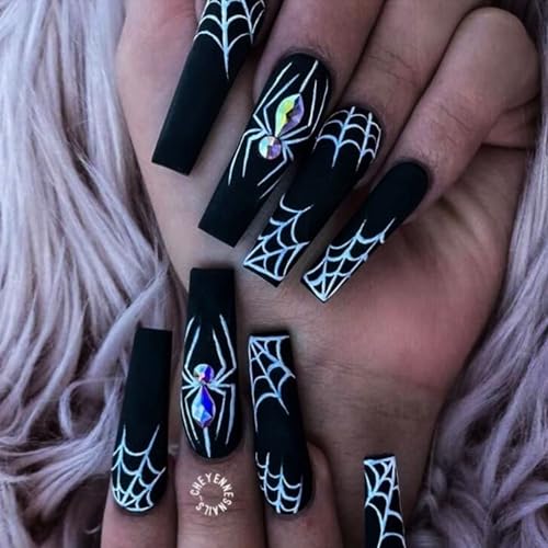 Villorem Halloween Long Coffin False Nails White Spider Web Press Ons