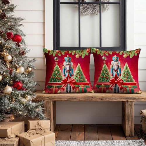 Christmas Nutcracker Soldier Pillow Covers Set of 2 | 18x18 Inch Linen Holiday Cushion for Sofa & Home Decor