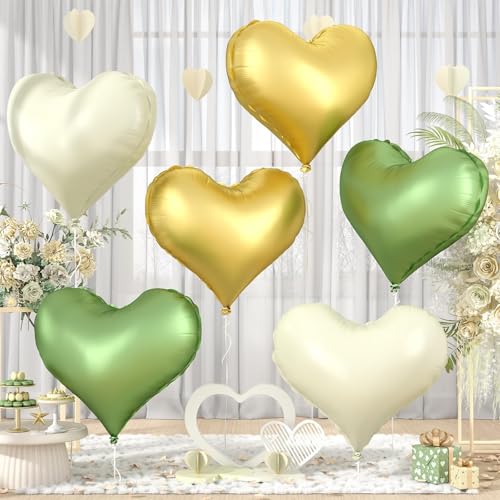 Vibzox 24-Inch Heart Foil Balloons 6-Pack Green Gold White Party Decor