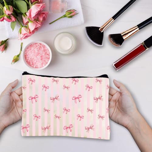 Pink Bow Makeup Bag Coquette Canvas Cosmetic Pouch Travel Organizer