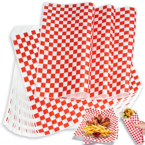 YEHOSHUN 100Pcs Red & White Wax Paper Sheets - Grease Resistant 11x11" Deli Paper for Sandwiches & Food Basket Liners