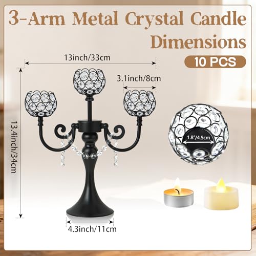 Black 3-Arm Metal Candelabra with Crystal Bowls - Elegant Table Centerpiece