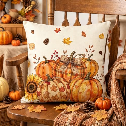 Fall Orange Floral Pumpkin Throw Pillow Covers 20x20 Inch Set of 2