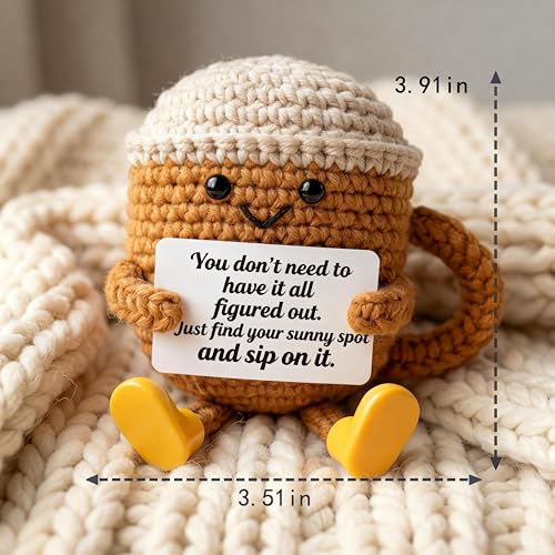 Crochet Coffee Cup Desk Decor with Positive Card - Cute Gift