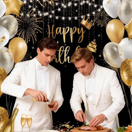 Large Black and Gold Happy Birthday Banner - 71x43 Inch Party Backdrop