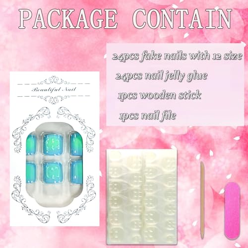 Square Press-On False Nails Set Blue French Pattern 24pcs