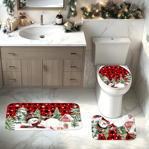 Christmas Shower Curtain Set with Snowman Pine Tree Bath Rugs & Toilet Lid Cover - Red 71" W x 71" L