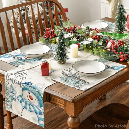 12x18 Inch Blue Snowman Christmas Placemat Set of 6 - Let It Snow Holiday Table Decor