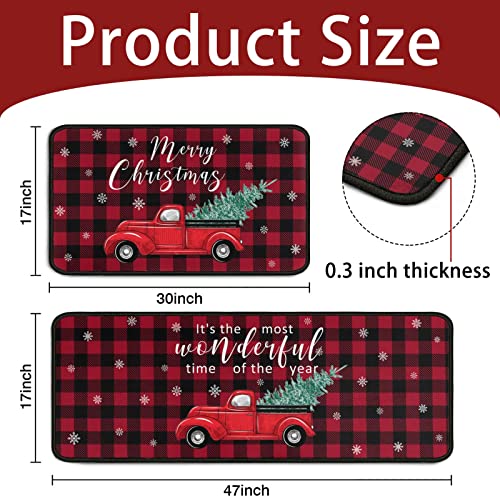 Christmas Red Truck Kitchen Rugs Set - Buffalo Plaid Non Slip Mat & Rug
