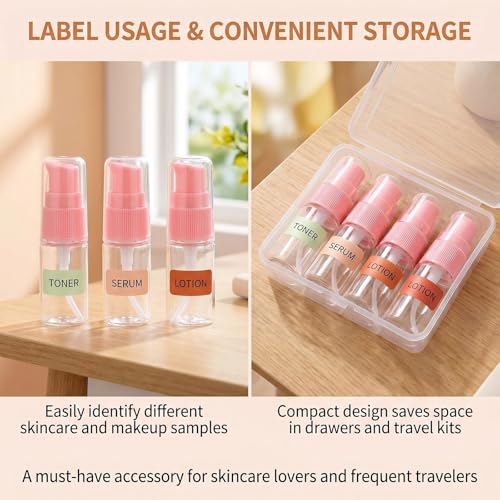 Light Red 10ml Clear Plastic Cream Pump Bottles - 6 Pack with Labels