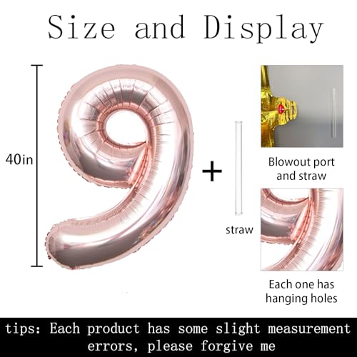 Keyali 40-Inch Rose Gold Number 9 Foil Helium Balloon for Birthday Party