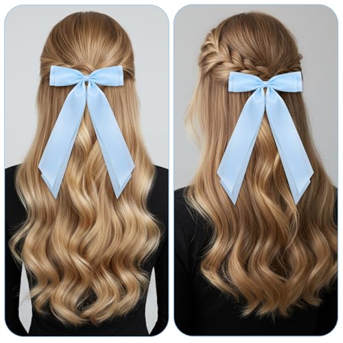 Light Blue Hair Bow Clips with Long Tails 2-Pack Satin Ribbon Barrettes