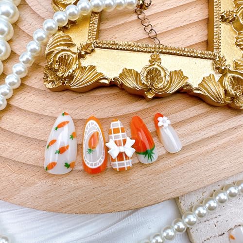 Easter Carrot Rabbit Press on Nails Medium Almond French Tip False Nails