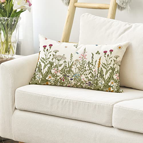 AVOIN colorlife Wildflowers Throw Pillow Cover, 12x20 Beige Floral Case