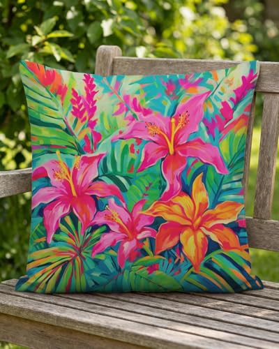 Pink Orange Tropical Pillow Cover 18x18 - Hibiscus Floral Cushion