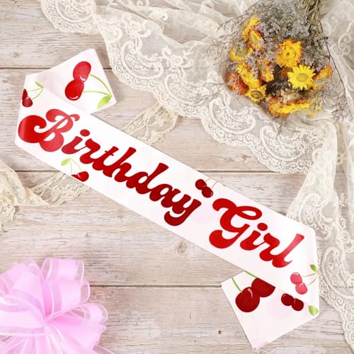 Thinp Cherry Birthday Girl Sash - Pink Satin with Red Cherry Pattern