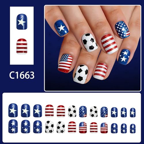 LYLYNB Patriotic American Flag Press on Nails Red White Blue Fake Nails