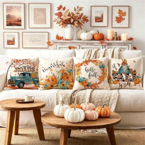 NIGHTWISH Fall Pillow Covers 18x18 (Set of 4) - Pumpkin & Maple Leaf Decor