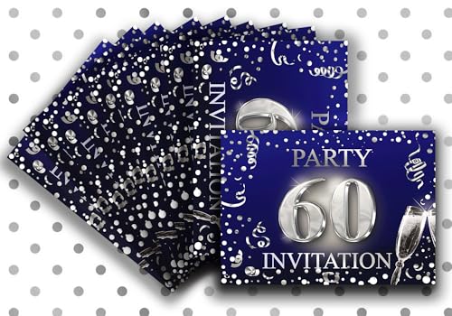 Elegant 60th Birthday Invitation Cards - Set of 10, Dark Blue & Silver