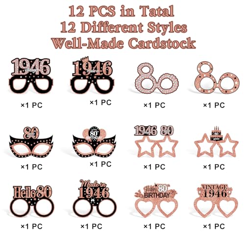 80th Birthday Paper Glasses Photo Props - 12Pcs Vintage 1946