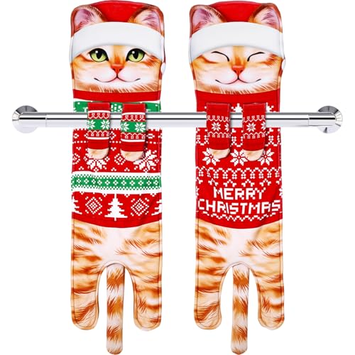 Christmas Cat Hand Towels Set - Orange Cat Hanging Kitchen Towels, 2 Pack