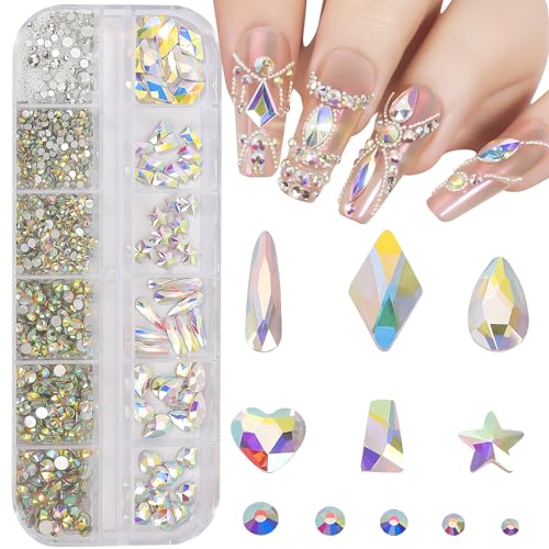 HNUIX 3D Glass Crystal Nail Art Rhinestones Kit with Flatback Gems and Beads