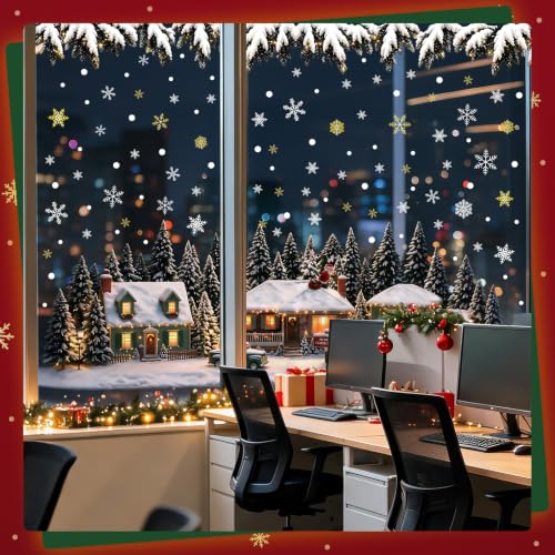 Christmas Village Window Clings - Snowy Holiday Scene, Large 27.6 x 15.8 Inches, Reusable Snowy Village Decal - Variation of Christmas Village