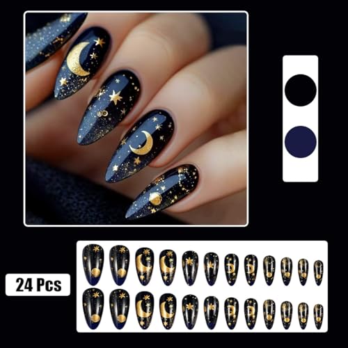 KTAABTR Gold Star Moon Long Almond Press on Nails Acrylic Fake Nails