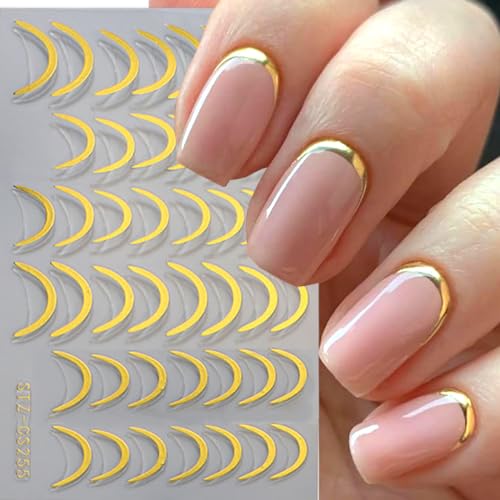 BYJKYEN French Tip Nail Stickers Gold Silver Wave Line Art Decals 6 Sheets