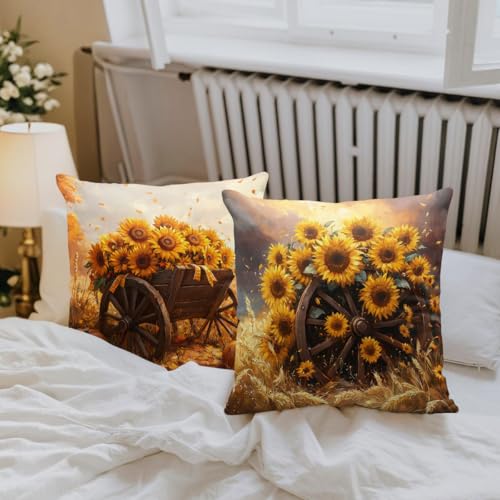 Sunflower Throw Pillow Covers 18x18 (Set of 4) - Double-Sided Design
