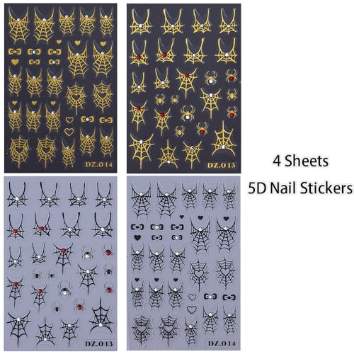 KAICCOSO 5D Embossed Spider Web Nail Stickers 4Pcs Self-Adhesive Cobweb Decals