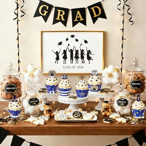 Graduation Cupcake Toppers & Wrappers Set - 24PCS Blue Grad Decorations