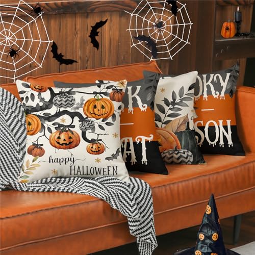 Halloween Pumpkin & Spooky Fall Leaves Throw Pillow Covers Set of 4 18x18