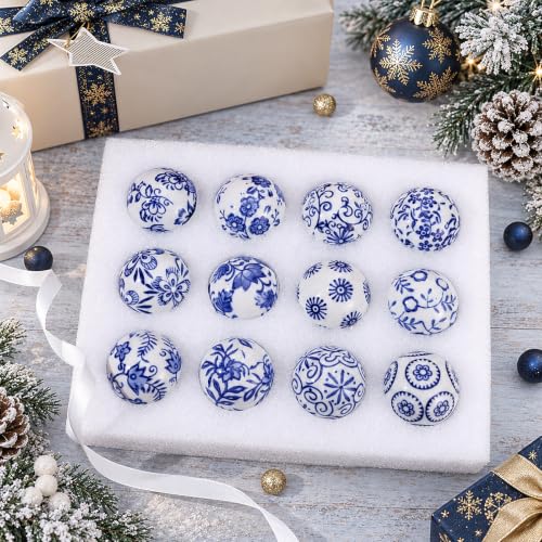 12 Pcs Blue & White Ceramic Chinoiserie Christmas Ornament Balls - 1.57 Inch