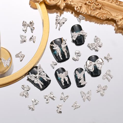 60Pcs 3D Butterfly Nail Charms Silver Rhinestone Alloy Manicure Decor
