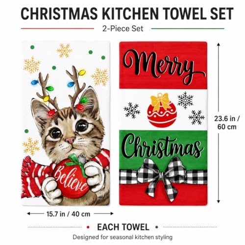Christmas Cat Kitchen Towels - Festive Holiday Dish Towels for Decor