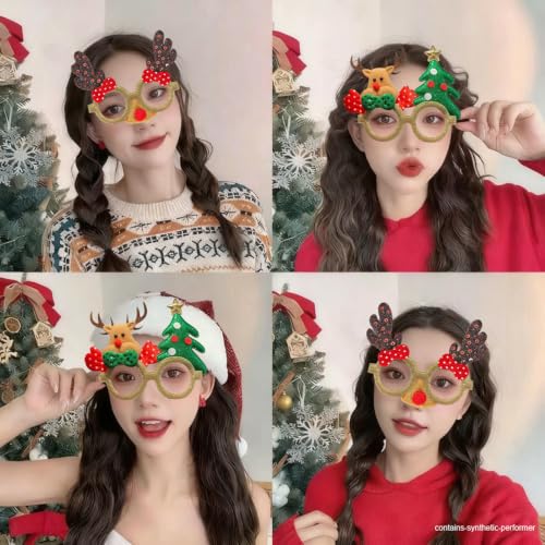 Christmas Party Glasses Gift Set Reindeer & Xmas Tree Glitter Novelty Photo Props
