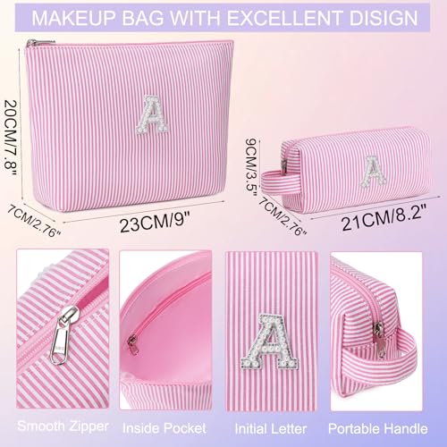 Initial Makeup Bag Personalized Striped Cosmetic Toiletry Pouch Pink M